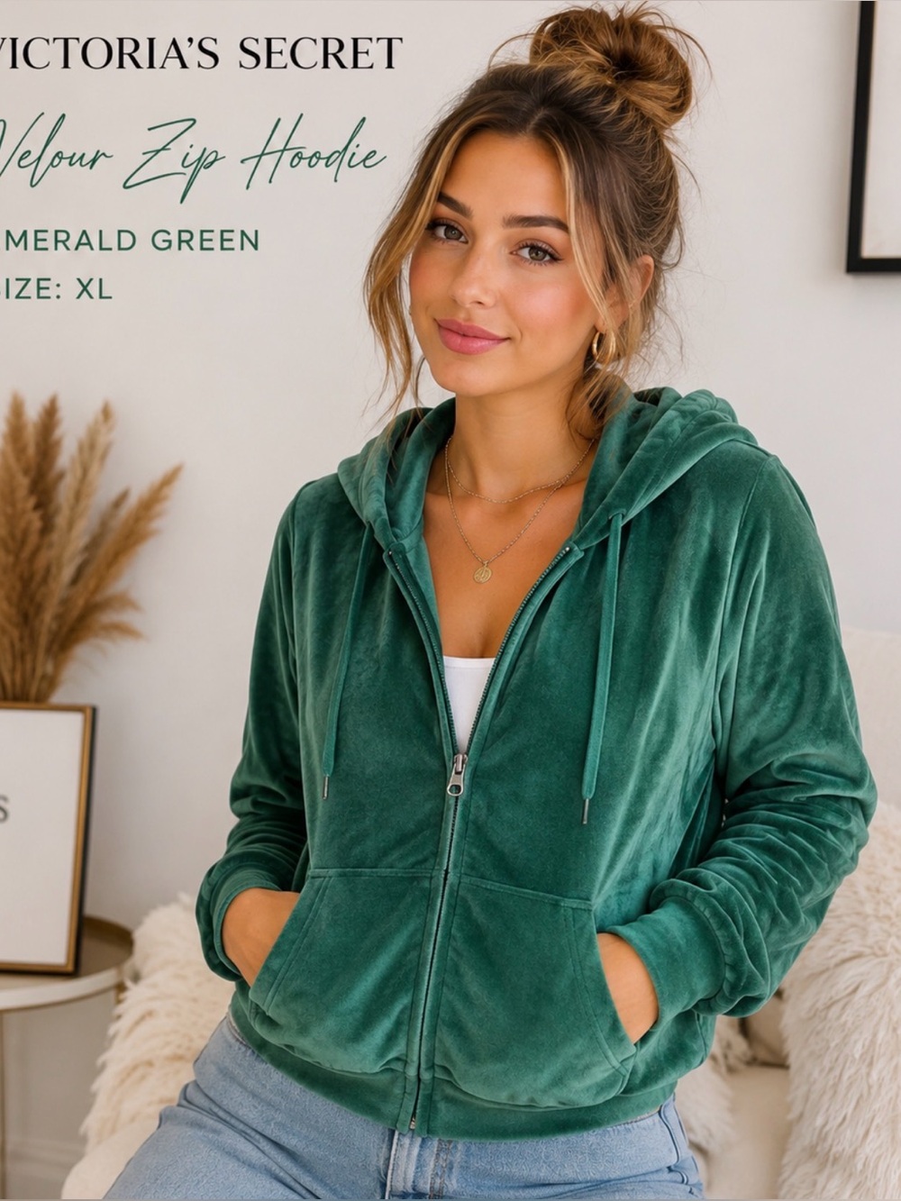 Victoria’s Secret Emerald Green Velour Zip Hoodie XL Plush Velvet Y2K Lounge